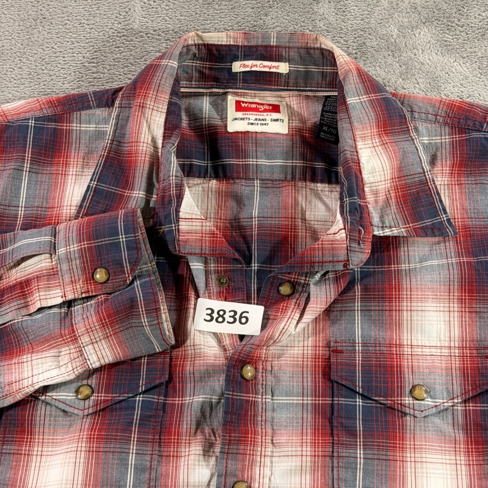 Wrangler Western Shirt Mens XL Red Plaid Flex for Comfort Pearl Snap JLP4UWR